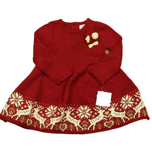 Heirloom Girls Red | Ivory Deer Sweater Dress size: 18 Months